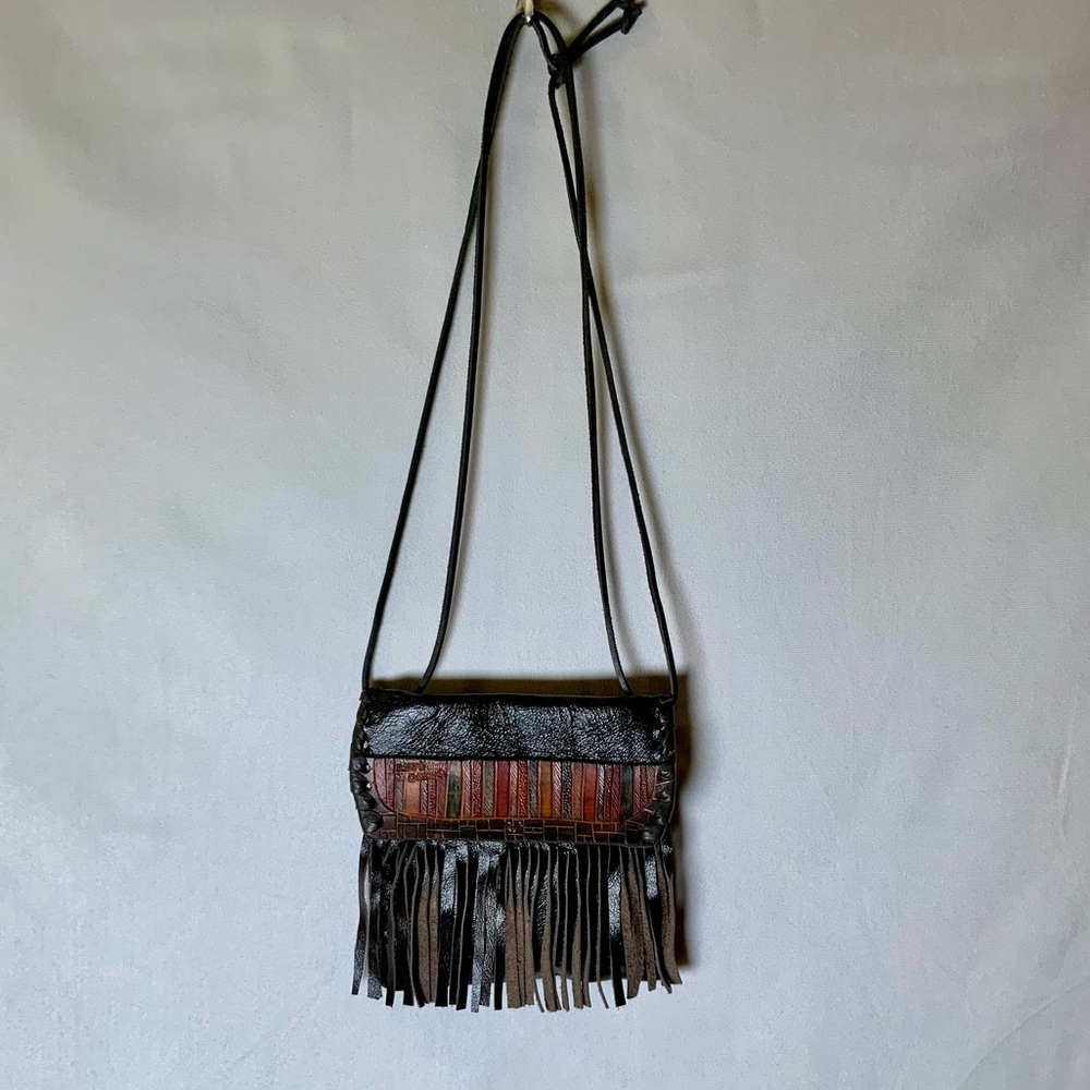 Handcrafted Leather Western Boho Fringe Crossbody Mini Bag Purse Black Brown Tan